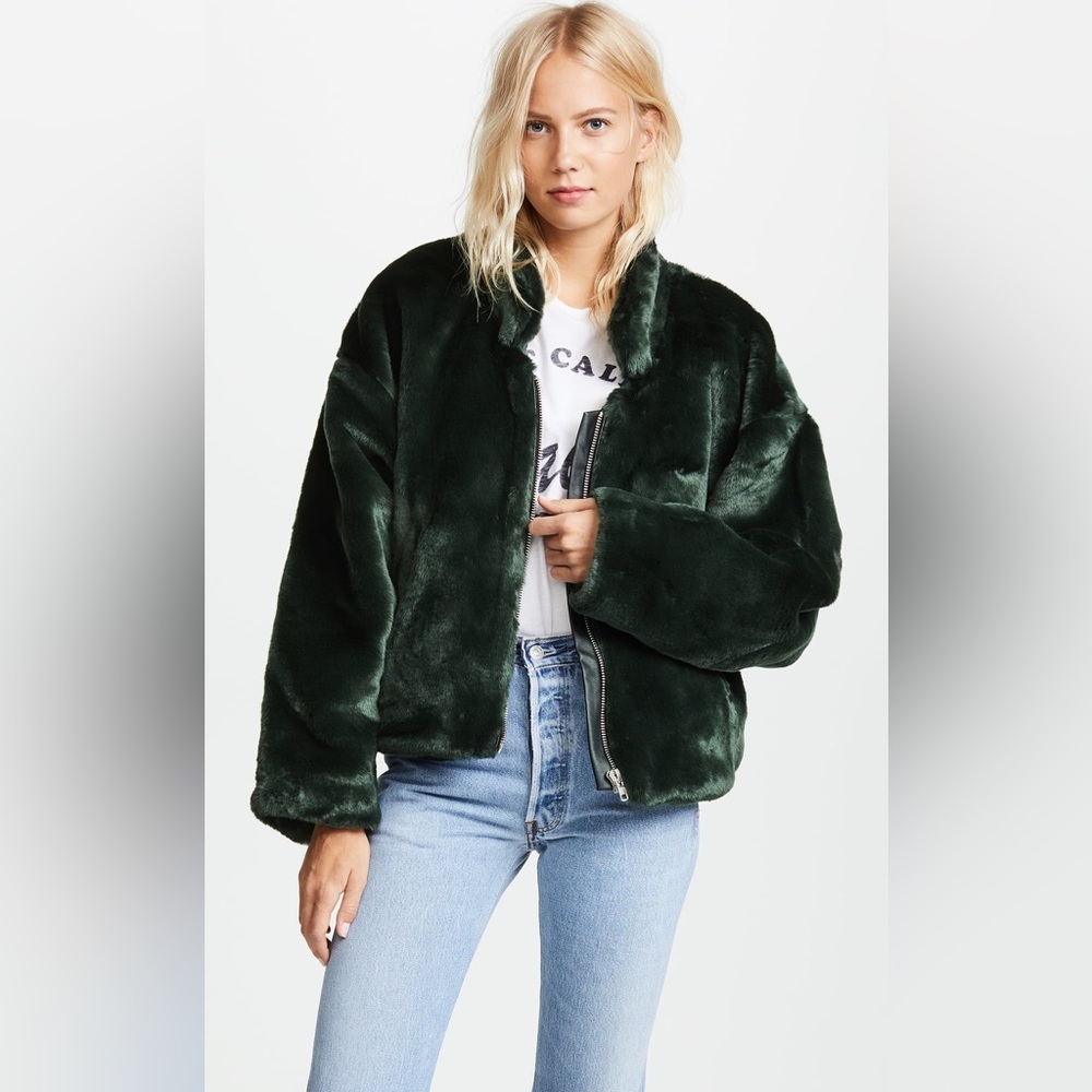 NWOT FREE PEOPLE Faux Fur Furling Teddy Bomber Green Jacket Sz L